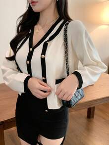 DAZY 2件套女士撞色饰边纽扣前休闲落肩毛衣套装 - 白色 - 查看 2