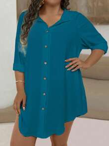 EMERY ROSE Plus Size Women's Long Sleeve Light Blue Casual Shirt Fall - Teal Blue - View 5