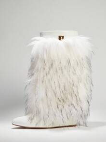 SHUZIA Women's Faux Fur Pointed Toe Wedge Heel Mid-Calf Boots - White - View 5