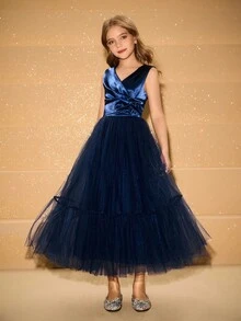 青少年女孩优雅奢华海军蓝 V 领无袖长网眼连衣裙，适合晚会、婚礼、花童、舞会、圣诞节、万圣节等场合 - 藏蓝色 - 查看 1