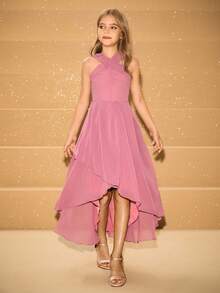 Girls' Round Neck Sleeveless Dress, Elegant Ruffle Hem Party Dress For Halloween, Christmas - Pink - View 3