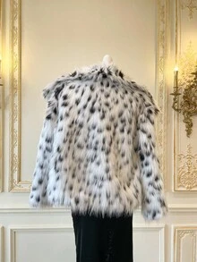 SHEIN MOD 女式冬季仿毛领长袖时尚黑白豹纹夹克 - 黑與白 - 查看 2