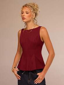 Avantive Women's Round Neck Ruffle Hem Sleeveless Casual Top, Suitable For Commuting And Everyday Wear,Red Top - Burgundy - View 3