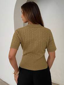 Aloruh 女式学院风马球领扭纹针织短袖毛衣，秋冬 - 芥末黃 - 查看 2