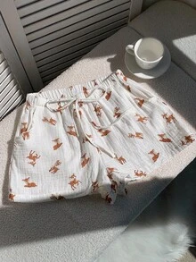 CovetEZ Quần short cạp chun rộng in họa tiết hươu thường ngày cho nữ - trắng - Xem 9