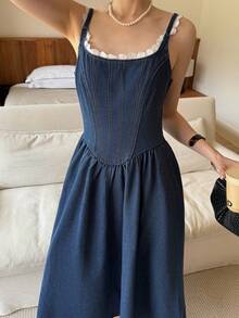 K-Vae 女士四季牛仔连衣裙、女士冬装、蕾丝领长裙、派对连衣裙、新年装 - 中等水洗藍 - 查看 7