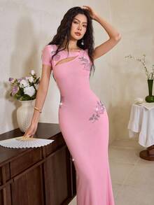 EastFlair Váy tay ngắn đính đá hoa cho nữ - Hồng - Xem 5