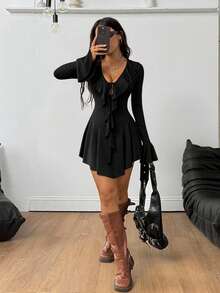 Coolane 女式夏季西部牛仔风 Y2K 弹力荷叶边 V 领系带前褶迷你优雅棕色连衣裙 - 黑色 - 查看 6