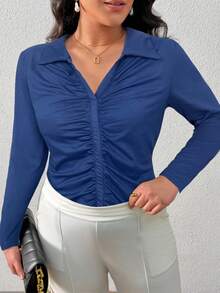 SHEIN Privé 大码纯色修身褶皱领休闲T恤 - 藏蓝色 - 查看 6