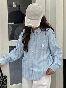 DAZY 女童条纹印花长袖梭织衬衫，青少年女孩秋装 - 藍色 - 查看 4