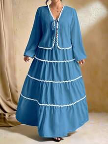 SHEIN Tall 加大码女式编织纹理长袖开衫，搭配系带腰带，撞色荷叶边下摆设计，松紧腰长裙，法式优雅浪漫两件套 - 霧霾藍 - 查看 3