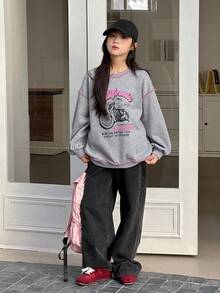 DAZY Tween Girls Crew Neck Printed Fleece Sweatshirt, Fall,Winter - Grey - View 2