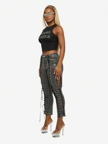 SUMWON WOMEN Áo ba lỗ không tay Rhinestone Baddies Crop màu đen đính đá nổi bật - màu đen - Xem 3