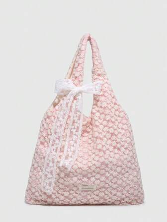 Kawaii حقيبة كبيرة السعة بطراز النسائي الرجعي المزين بشريط الكشكشة والفيونكة للعطلة الشبكية