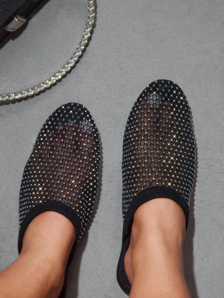 CUCCOO SZL Women's Hollow Breathable Design Pointed Toe Flat Shoes, Black Mesh Flat Shoes For Daily Wear And Home