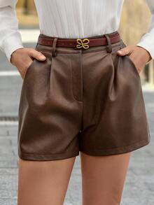 Solivie 女士时尚高腰复古通勤短裤 - 摩卡棕 - 查看 6