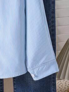 Sparklyn 1pc Girls Collared Long Sleeve Button-Up Striped Shirt With Embroidered Graphic, Casual Top For Autumn Fall Winter