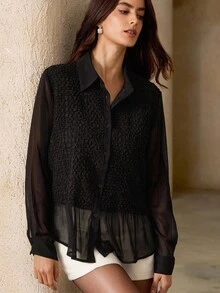 Revavyn Women's Vintage French Style Ruched Patchwork Blouse, Unique Design, Lightweight Sheer Protection Collared Button-Up Long Sleeve Shirt, Spring/Summer - Black - View 3