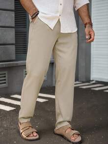 Manfinity Homme Pantalon décontracté à poche nouée de couleur unie pour hommes, polyvalent pour le port quotidien. Pantalon de jogging crème pour hommes, pour l'automne - Kaki - Voir 5