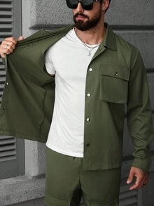 Manfinity Homme 男士纯色口袋休闲夹克和工装裤套装，男士两件套卡其色服装，秋季服装 - 軍綠色 - 查看 8