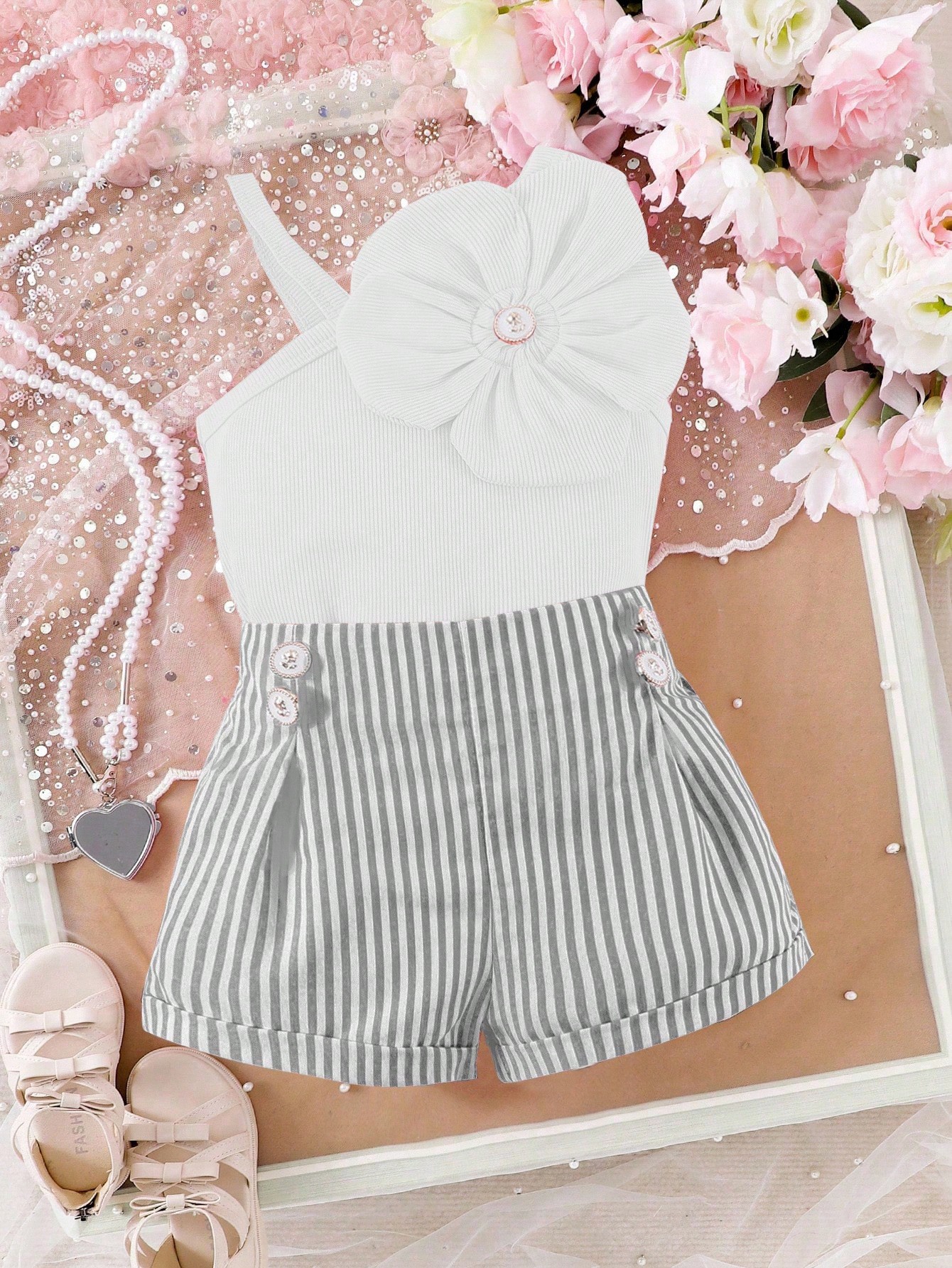 SHEIN طقم ملابس علوية أنيقة مزينة بالزهور مع شورت...
