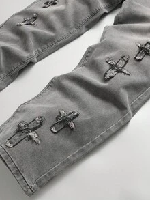 Manfinity EMRG Quần ống rộng denim xanh nhạt, giặt tay phong cách đường phố cổ điển Y2K có miếng vá hình ngôi sao trang trí cho nam - Màu Xám nhạt - Xem 5