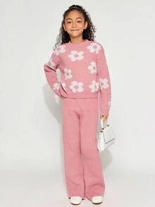 Radiana Tween Girl 休闲花卉提花超大套头衫和阔腿裤 2 件套，适合室内和室外，粉色，秋冬 - 藕粉色 - 查看 7