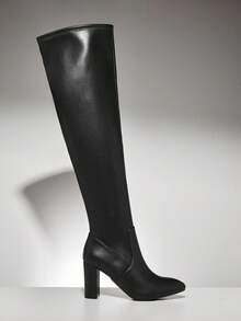 SHUZIA Botas por encima de la rodilla con tacón de bloque de material elástico y cómodo para mujer - Negro - Ver 5