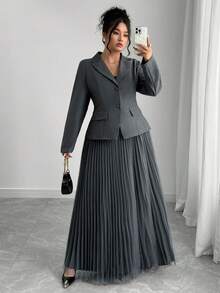 Franclia Plus Size Women French Style Casual Blazer & Mesh Midi Skirt 2 Pieces Set - Dark Grey - View 3