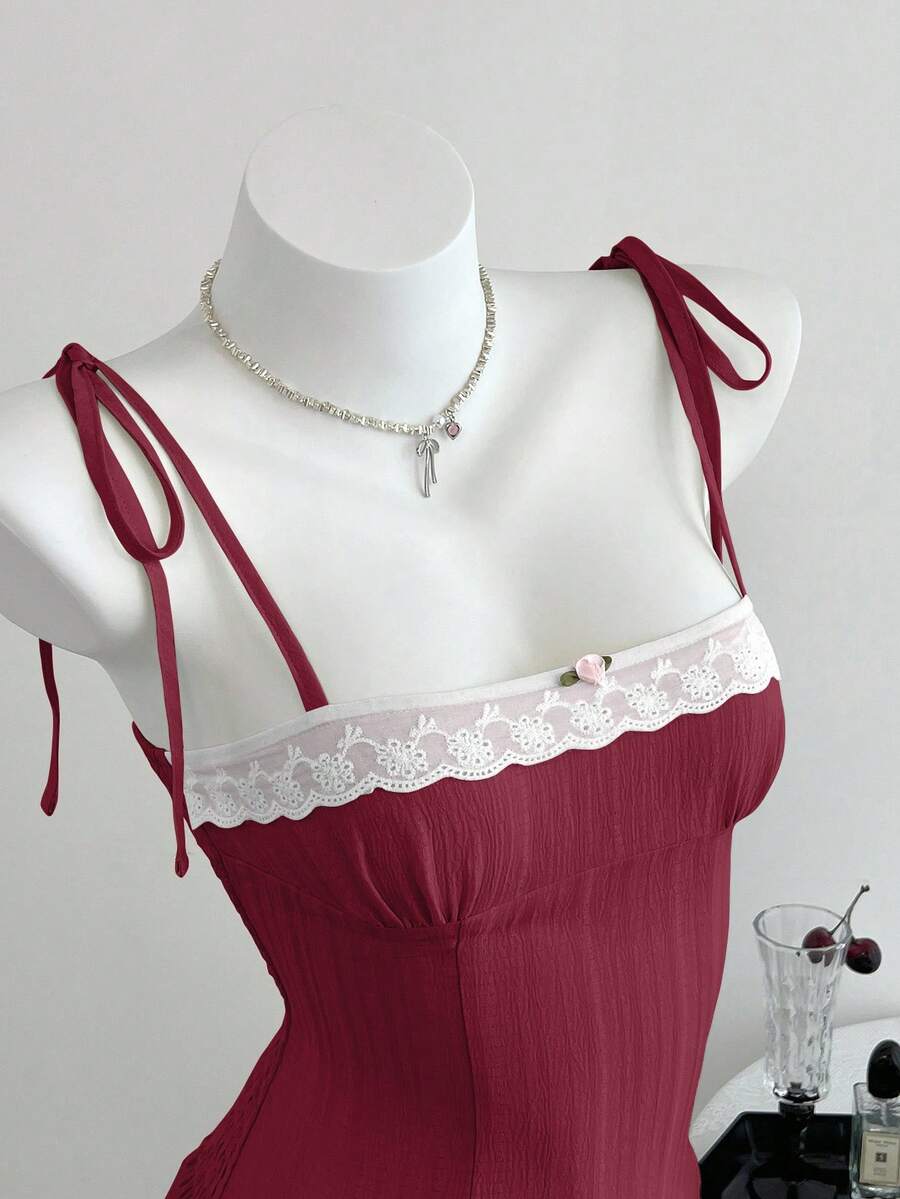 Elamini 春夏女士休闲格子系带腰带吊带背心 - 酒紅色 - 查看 1