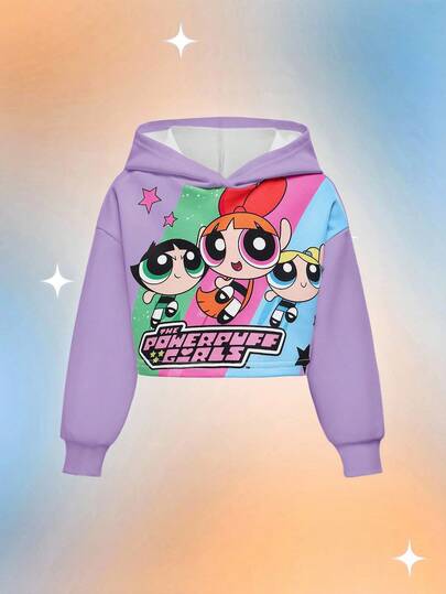 THE POWERPUFF GIRLS X SHEIN 年轻女孩卡通印花休闲宽松落肩短款连帽衫