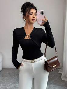 Elenzga Women's Elegant Black Long Sleeve T-Shirt Knit Fabric Metal Button Decor Base Layer For Autumn Night Out French Street Retro Business Daily Commute - Black - View 4