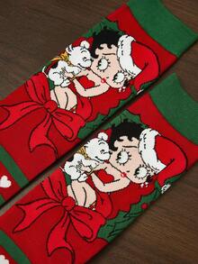 Betty Boop x SHEIN Calcetines casuales de media pantorrilla para mujer, suaves y transpirables, que absorben la humedad, con patrón de hombrecillo de jengibre, de moda y festivos, de color rojo, con refuerzo en los dedos y el talón para mayor durabilidad en invierno