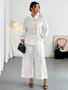 Firerie 大码女式休闲简约优雅通勤都市时尚街头时尚新款金属纽扣翻领亚麻混纺长袖白衬衫，秋冬春 - 白色 - 查看 8