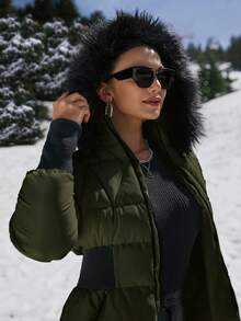 EURMUSE Padded Coat With Furry Hood And Adjustable Waist, Two Side Pockets, Thick And Fashionable Puffer Jacket, Quilting Details - Army Green - View 4