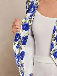 SHEIN Clasi Floral Print Open Front Blazer In Fall/Winter - Blue and White - View 6
