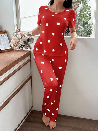 Women Heart Print Round Neck Short Sleeve Shorts Pajama Set view 5