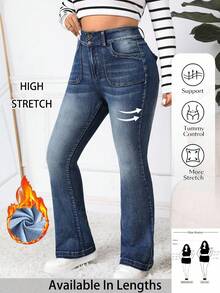 SHEIN PETITE CURVE Plus Size Women's Flare Jeans,High-Rise Bootcut Denim,Thermal Lined,Navy Blue,Summer,Smart Casual,Everyday,Classic Washed Slim Fit,Tummy Control Pants - Blue - View 1