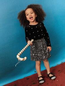 Maija Kids Young Girl Silver Velvet Sequin Casual Elegant Skirt - Silver - View 3