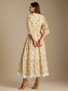 Enchnt Romantic Light Yellow Floral Print V-Neck Lantern Sleeve Ruffled Hem Dress Is Perfect For Autumn And Winter. Sweet And Elegant, It's Suitable For Vacations, Dates, Holidays, Parties, Graduations, Wedding Guests, The Beach, Dances, Sundresses, Carnivals, And Other Autumn/Winter Occasions. - Yellow - View 7