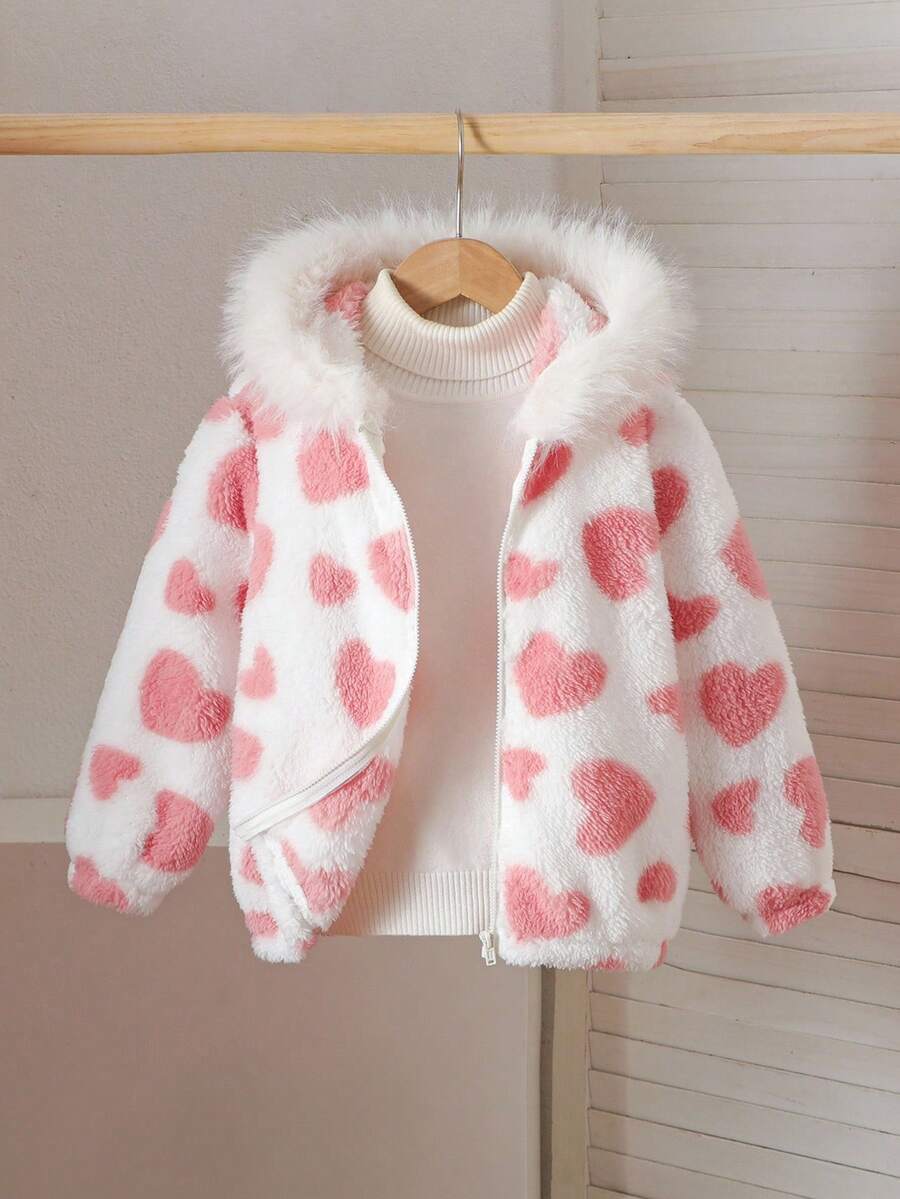 SHEIN 少女可爱毛绒心形图案夹克，秋冬 - 白色 - 查看 1