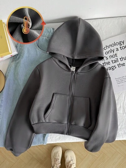 SHEIN 少女休闲舒适街头风宽松连帽拉链短款卫衣，返校秋冬款