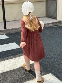 SHEIN Playful Pals Young Girl' Casual Versatile Ribbed Fabric High Neck Elastic Waist Flared Long Sleeve Dress, Autumn/Winter Fall - Brown - View 7