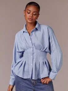 Athîral Women's Sky Blue Striped Peplum Blouse | Structured Waist Ruffle & Tailored Collar For A Flattering Office-Ready Look,Peplum Blouse ,Office Wear,Striped Blouse,Workwear Style,Structured Shirt,Professional Wardrobe,Business Casual Woman,Wardrobe Basic,Casual Everyday Wear - Blue - View 6