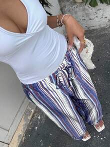 SHEIN EZwear Quần ống rộng kẻ sọc thường ngày cho nữ - Màu xanh lam - Xem 4