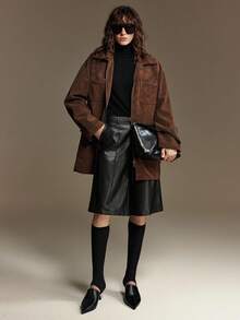 Ontre 2025新款女士冬季外套，高级百搭日常穿搭，深咖啡色，高领，腰带，口袋，宽松版型，长袖，柔软梭织面料，商务休闲，畅销纯色女式外套，商务通勤，万圣节，圣诞节，节日，度假派对，婚礼宾客着装，日常穿着，情人节，感恩节，秋冬季，韩版风格，时尚设计，适合5-15℃，优雅简约，时尚百搭通勤女式外套 - 鏽棕色 - 查看 4