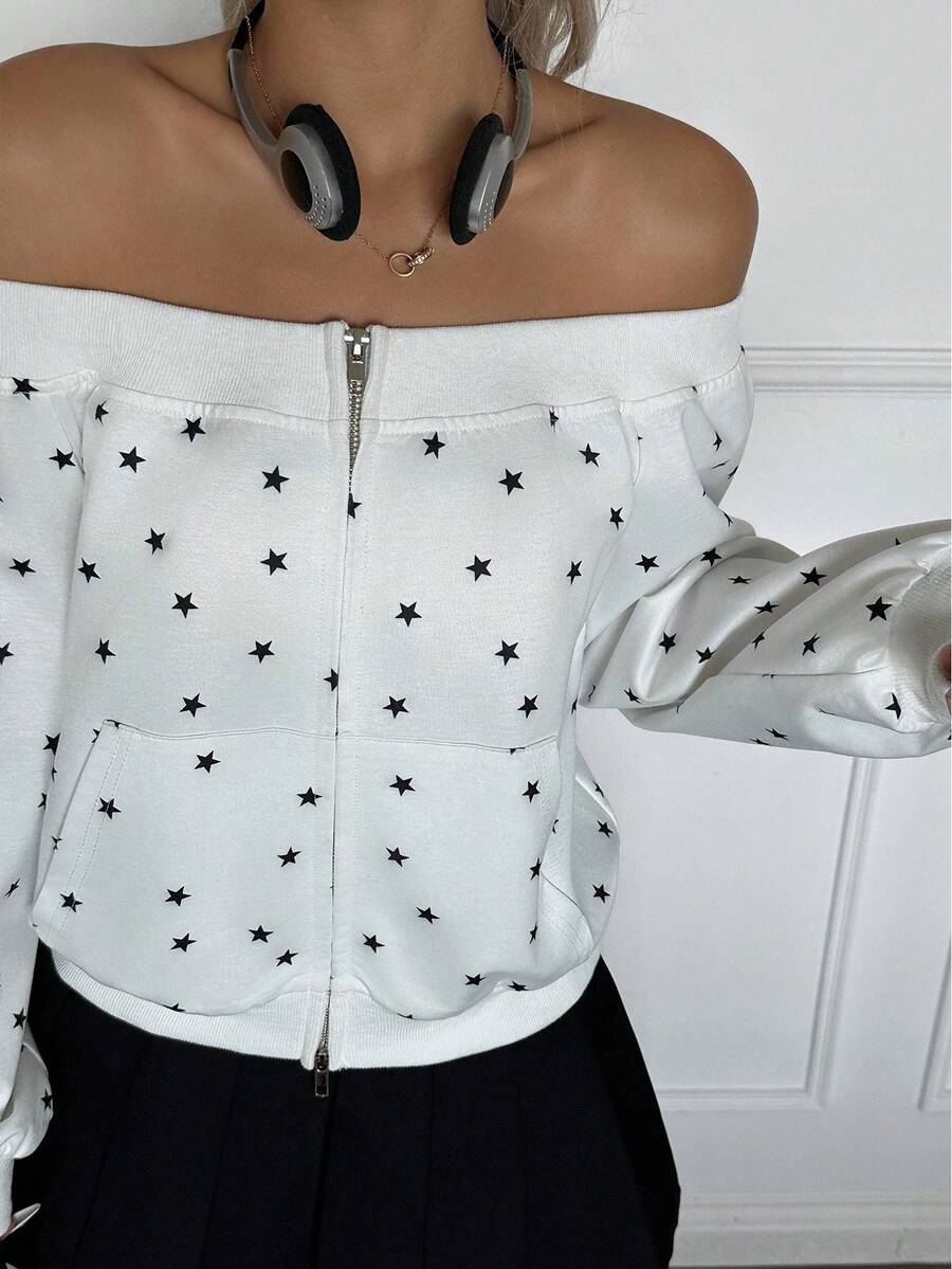 INAWLY Retro Girl's Off Shoulder Five-Pointed Star Print Sweatshirt - Multicolor - View 1