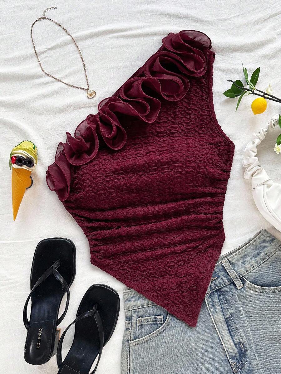 Soleia Romantic Floral Trim Fitted One Shoulder Blouse, Suitable For Vacation, Music Festival, Bohemian, Holiday Date, Afternoon Tea Burgundy - Burgundy - View 1