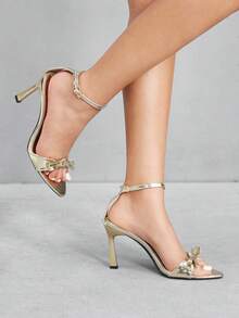CUCCOO SZL Sandal Hak Tinggi Bertali Pergelangan Kaki dengan Hiasan Pita Elegan untuk Wanita - Emas - View 8