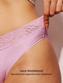 LUVLETTE 3-Pack Lace Trim Soft Cotton Mid-Waist Briefs Women Underwear Panties Set-Ice Blue